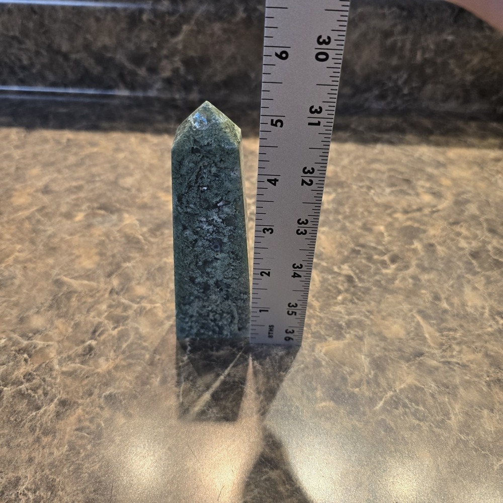 Moss Agate Crystal Tower 4.75" Polished Green Stone Point - Picture 4 of 6